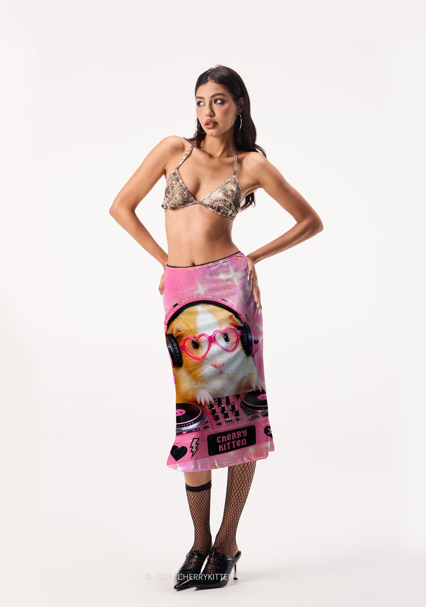 DJ Guinea Pig Y2K Print Midi Skirt Cherrykitten