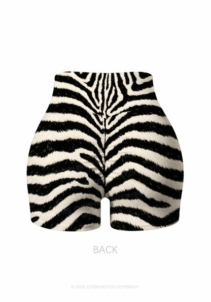 Black And White Zebra Striped Y2K Print Gym Shorts Cherrykitten