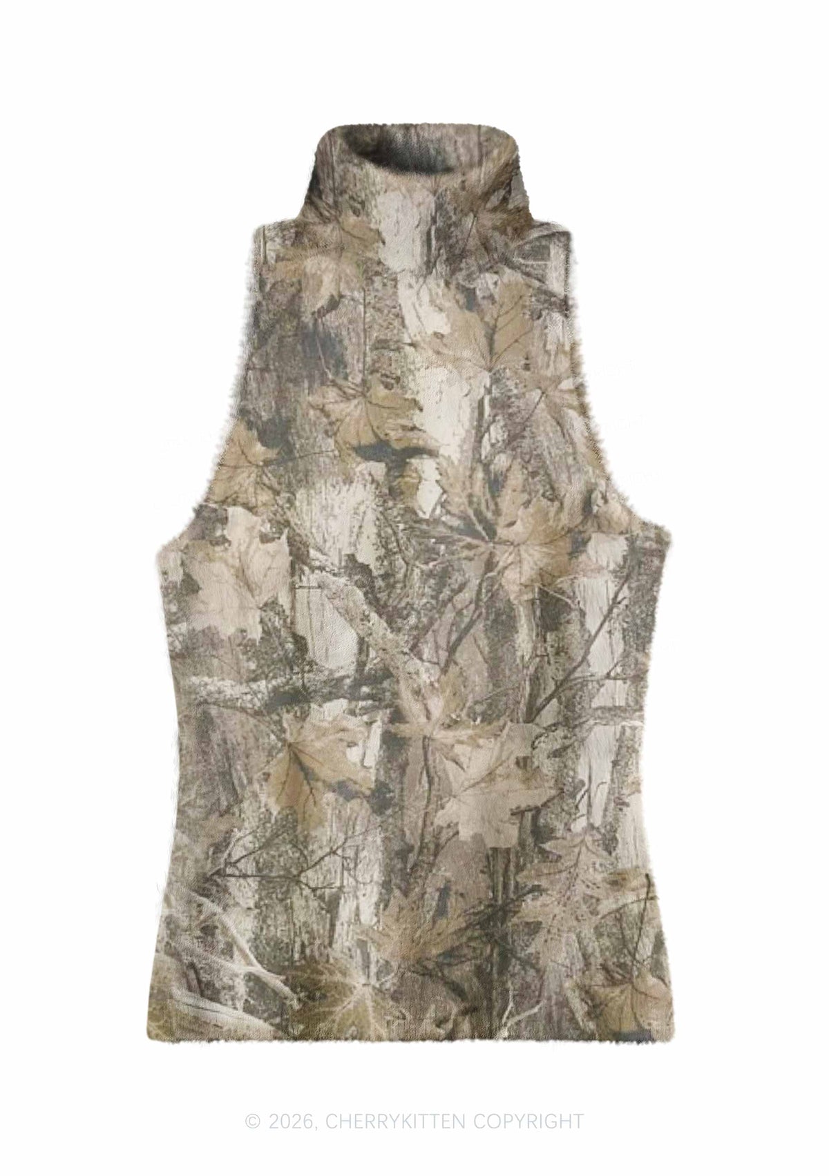 Tree Leaf Camo Y2K Knit Turtleneck Tank Top Cherrykitten