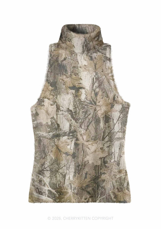 Tree Leaf Camo Y2K Knit Turtleneck Tank Top Cherrykitten