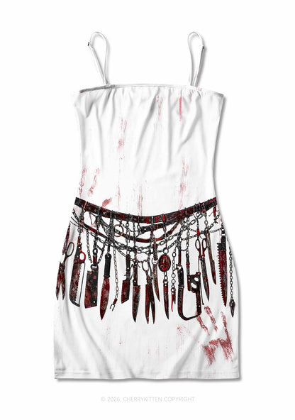 Halloween Bloody Weapon Chains Y2K Print Slip Dress Cherrykitten