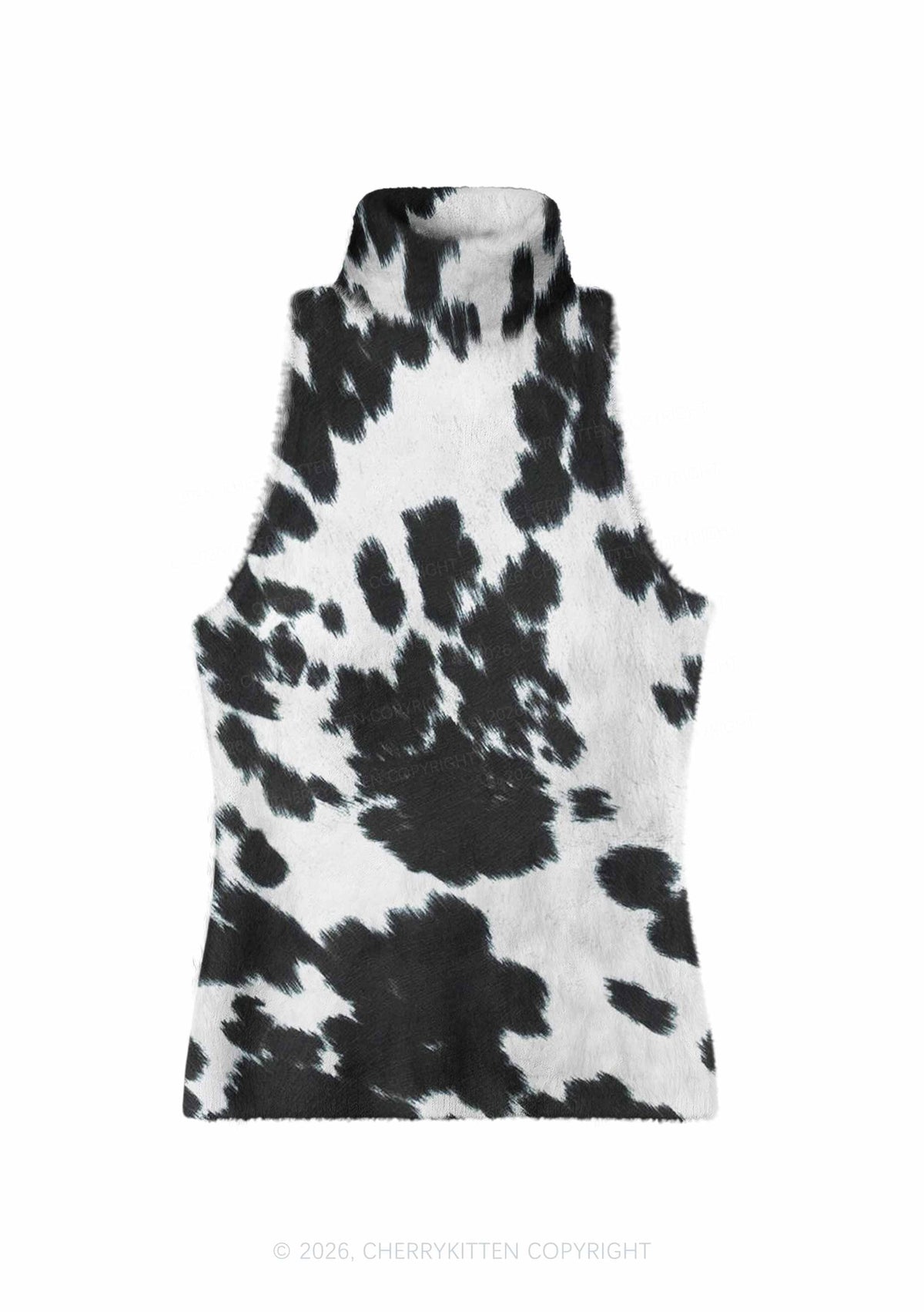 Black And White Cow Dots Y2K Knit Turtleneck Tank Top Cherrykitten