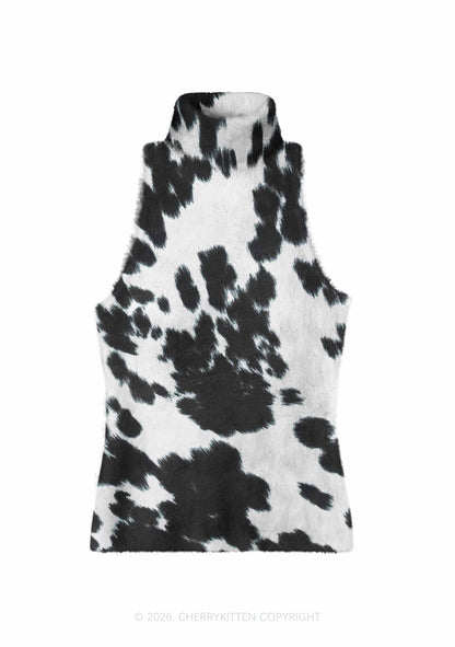 Black And White Cow Dots Y2K Knit Turtleneck Tank Top Cherrykitten