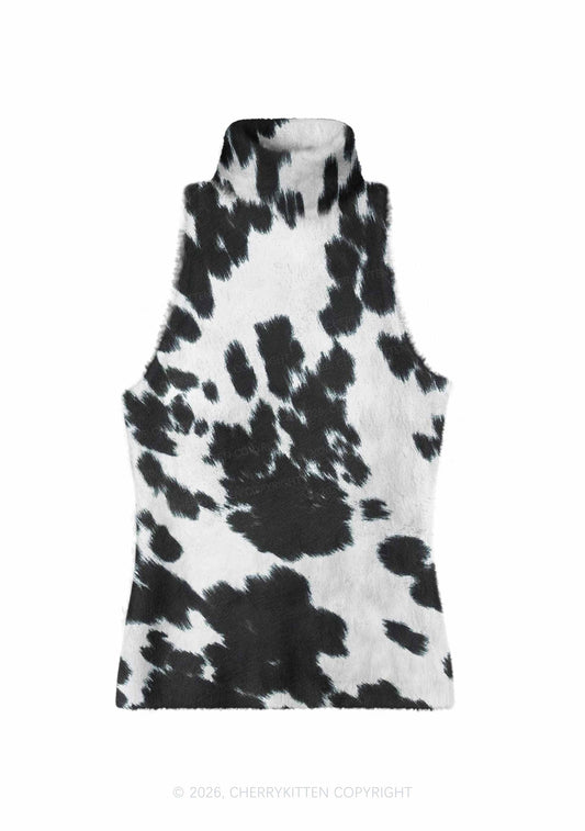 Black And White Cow Dots Y2K Knit Turtleneck Tank Top Cherrykitten