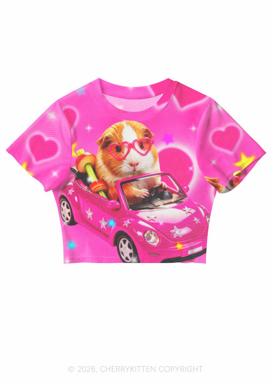 Pink Car Guinea Pig Y2K Mesh Crop Top Cherrykitten