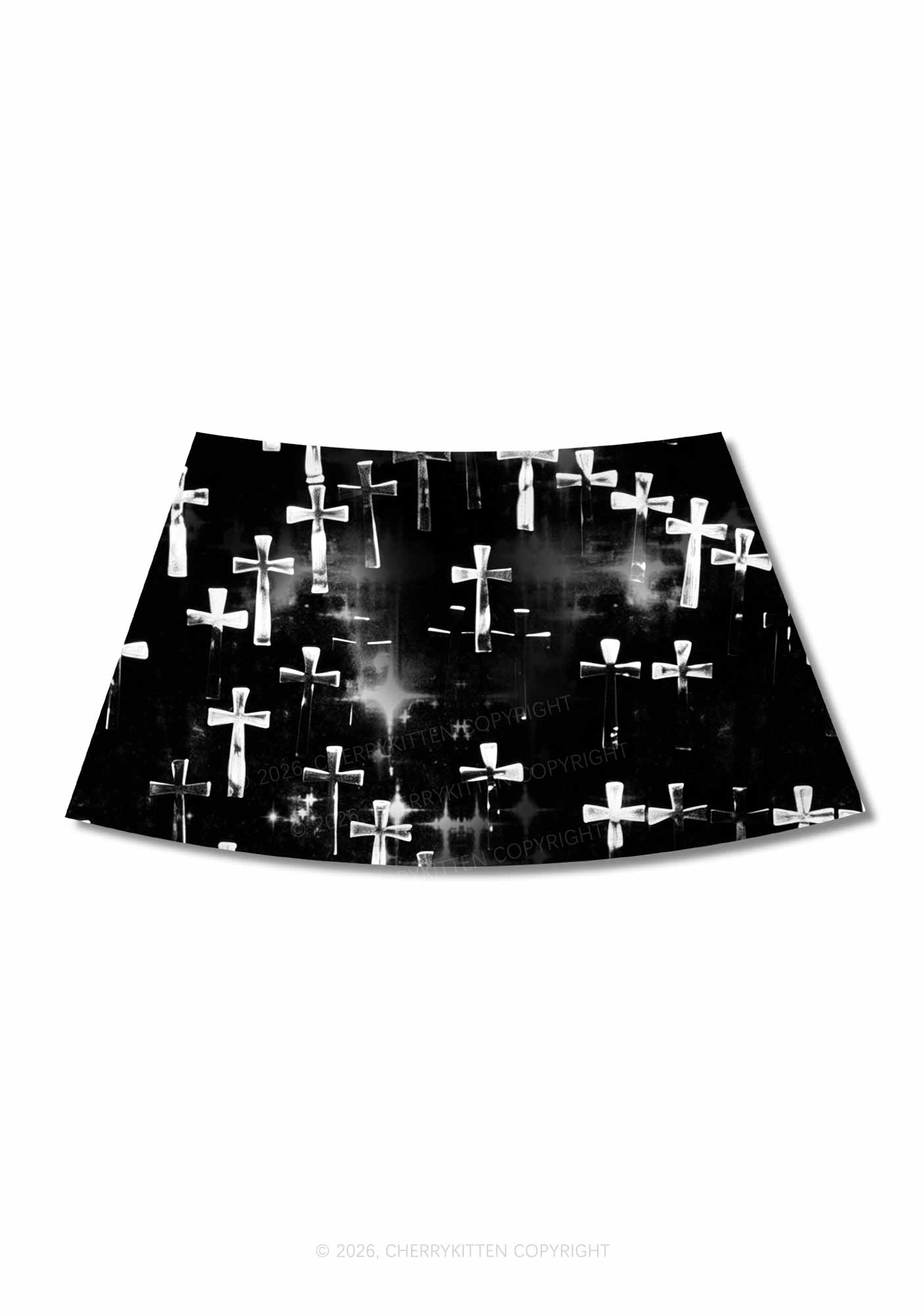 Halloween Silver Cross On Black Y2K Print Mini Skirt Cherrykitten