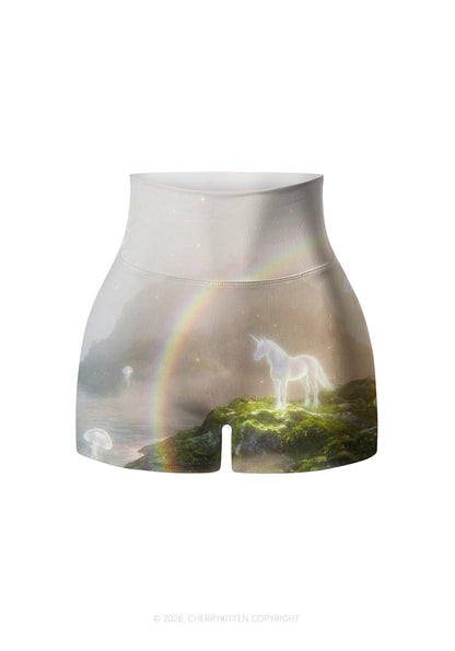 Rainbow Glowing Unicorn Y2K Print Gym Shorts Cherrykitten