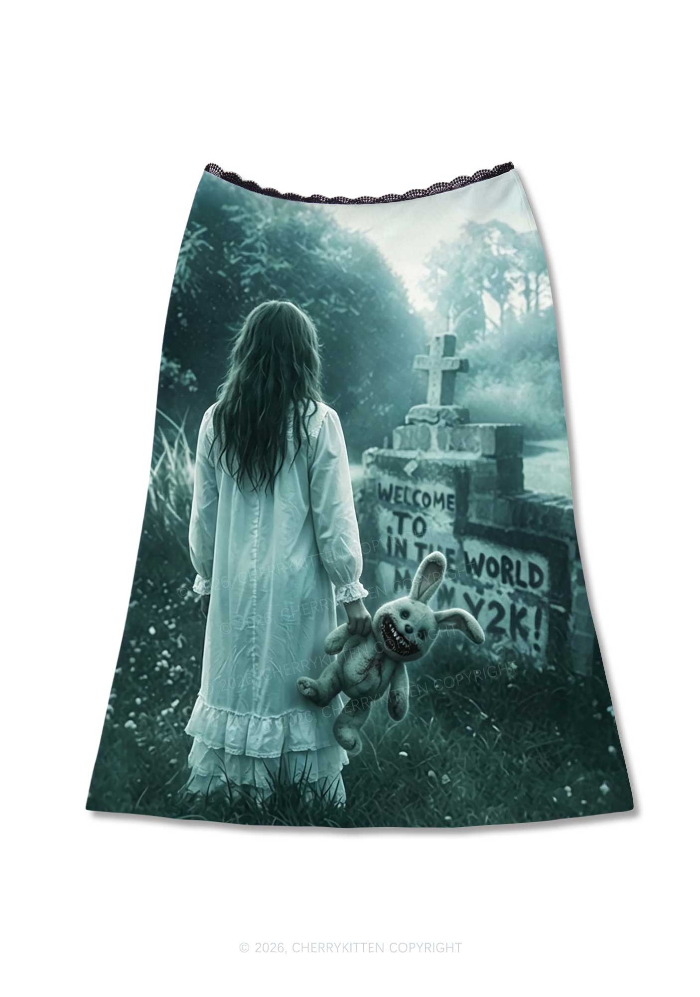 Halloween Graveyard Bunny Doll Y2K Print Midi Skirt Cherrykitten