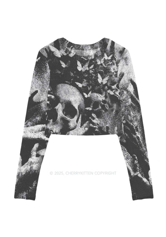 Halloween Gothic Skull Y2K Mesh Long Sleeve Crop Top Cherrykitten