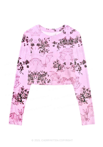 Pink Bat Y2K Mesh Long Sleeve Crop Top Cherrykitten
