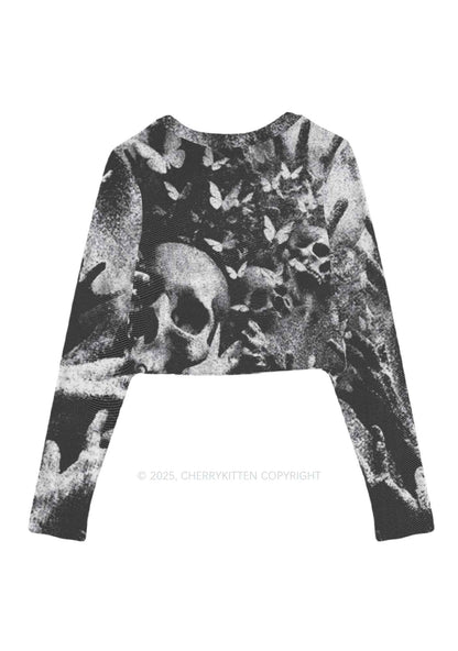 Halloween Gothic Skull Y2K Mesh Long Sleeve Crop Top Cherrykitten