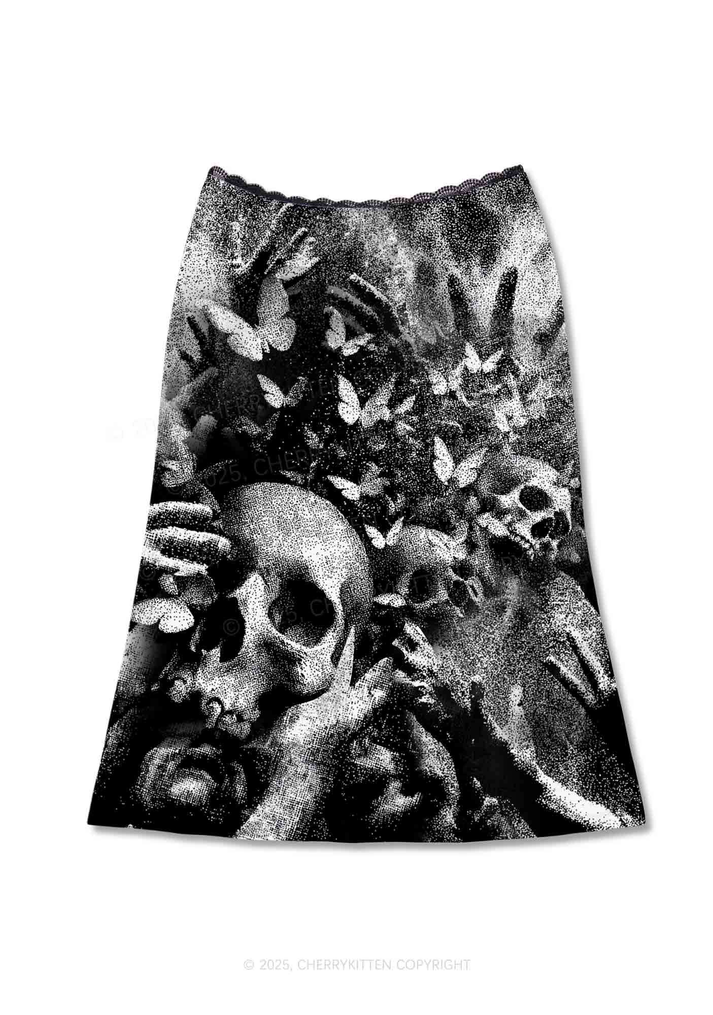 Halloween Gothic Skull Y2K Print Midi Skirt Cherrykitten