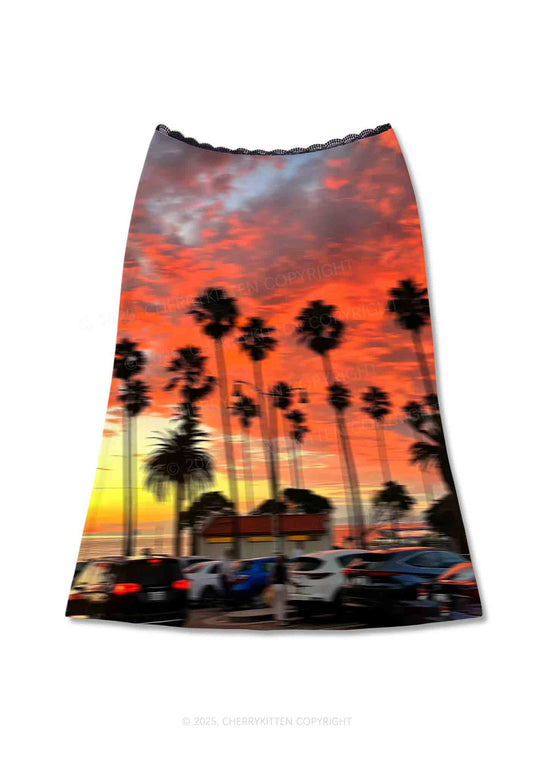 Sunset Palms Y2K Print Midi Skirt Cherrykitten