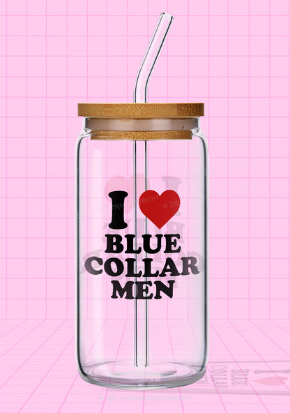 I Love Blue Collar Men Y2K Printed Glass Cup Cherrykitten