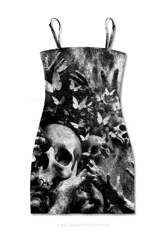 Halloween Gothic Skull Y2K Print Slip Dress Cherrykitten