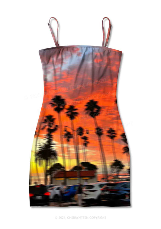 Sunset Palms Y2K Print Slip Dress Cherrykitten