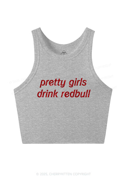 Glitter Pretty Girls Drink Redbull Y2K Crop Tank Top Cherrykitten