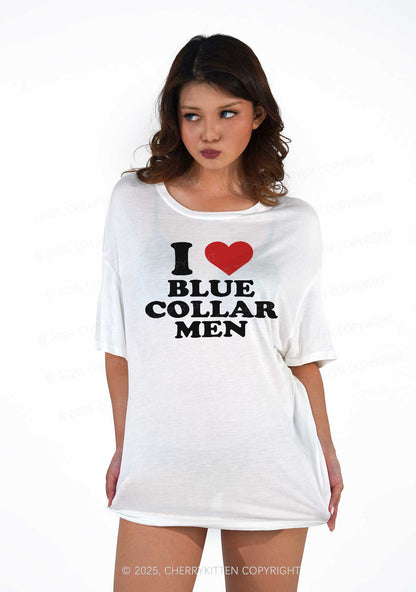 I Love Blue Collar Men Y2K Sheer Boyfriend Tee Cherrykitten