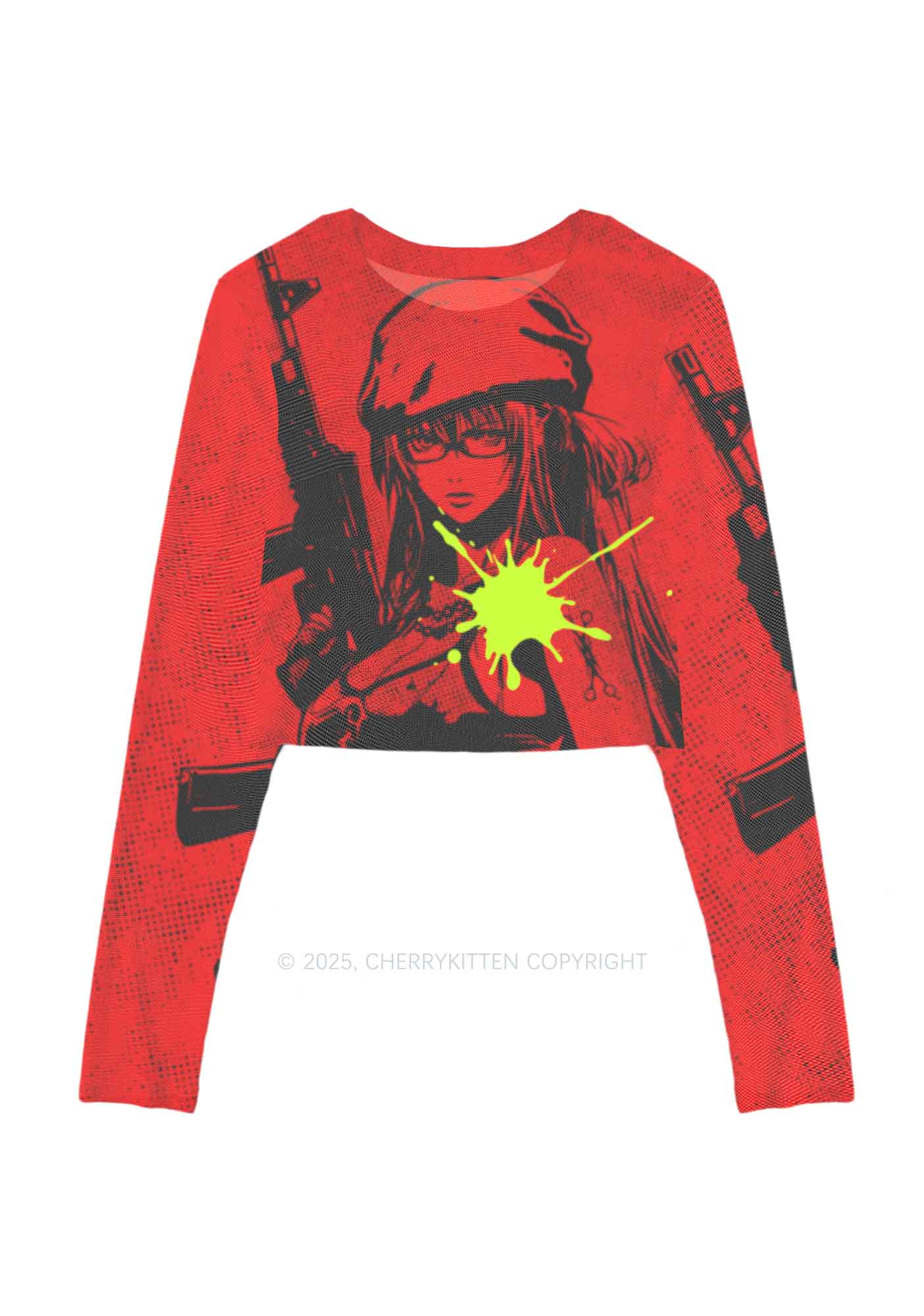Neon Shot Y2K Mesh Long Sleeve Crop Top Cherrykitten
