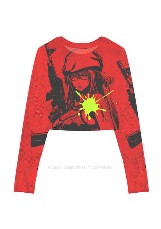 Neon Shot Y2K Mesh Long Sleeve Crop Top Cherrykitten