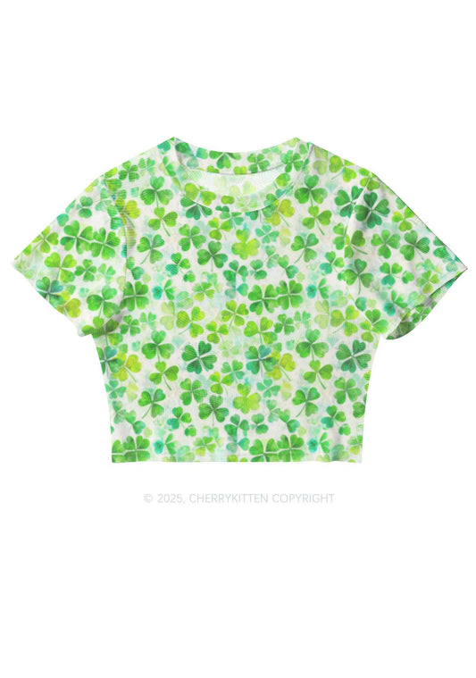 Green Shamrock Y2K Mesh Crop Top Cherrykitten