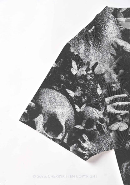 Halloween Gothic Skull Y2K Mesh Crop Top Cherrykitten