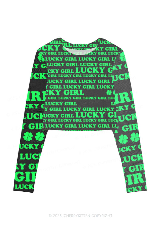 Lucky Girl Y2K Mesh Long Sleeve Crop Top Cherrykitten