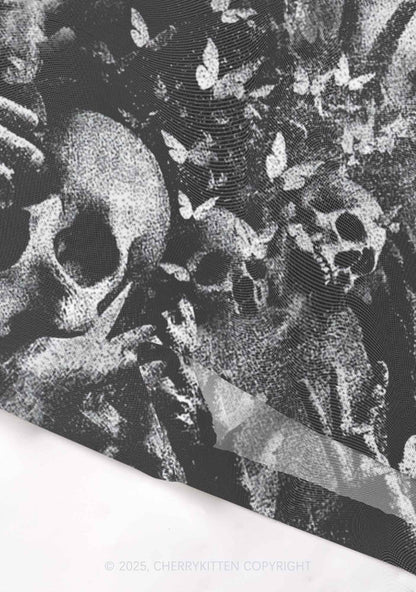 Halloween Gothic Skull Y2K Mesh Crop Top Cherrykitten