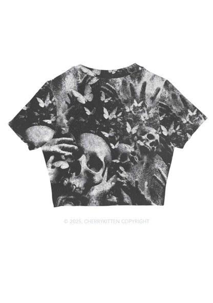 Halloween Gothic Skull Y2K Mesh Crop Top Cherrykitten