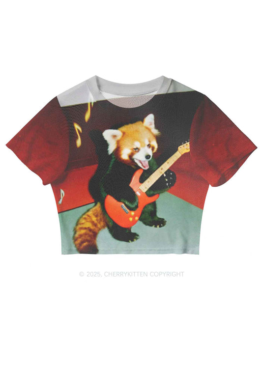 Guitar Raccoon Y2K Mesh Crop Top Cherrykitten