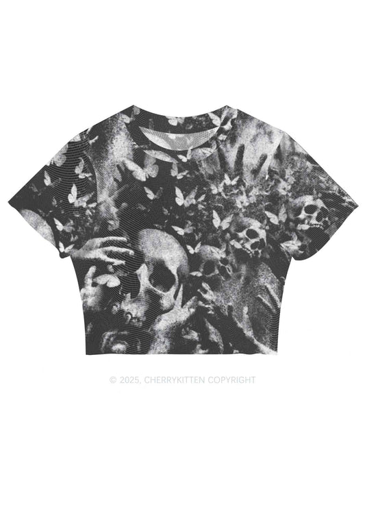 Halloween Gothic Skull Y2K Mesh Crop Top Cherrykitten