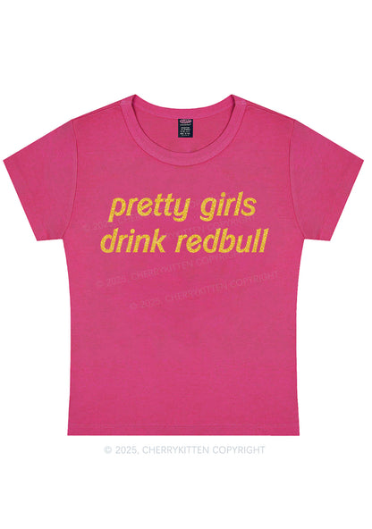 Glitter Pretty Girls Drink Redbull Y2K Baby Tee Cherrykitten