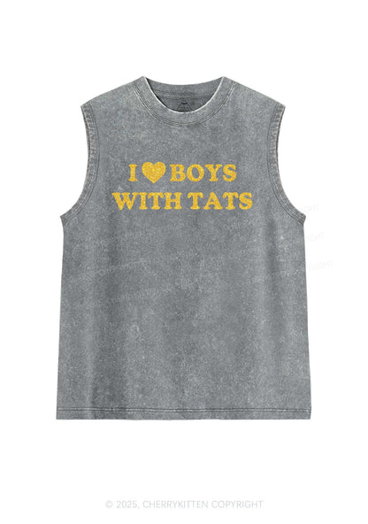 Glitter I Love Boys With Tats Y2K Washed Muscle Tank Cherrykitten