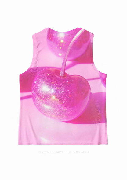 Glitter Pink Cherry Y2K Mesh Muscle Tank Cherrykitten