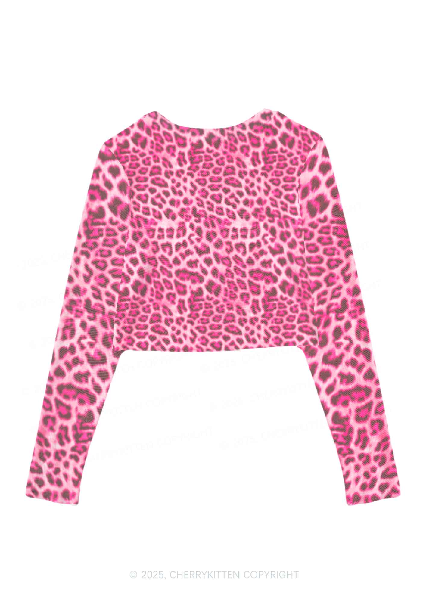 Pink Leopard Y2K Mesh Long Sleeve Crop Top Cherrykitten