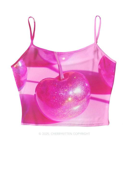 Glitter Pink Cherry Y2K Mesh Cami Tank Cherrykitten