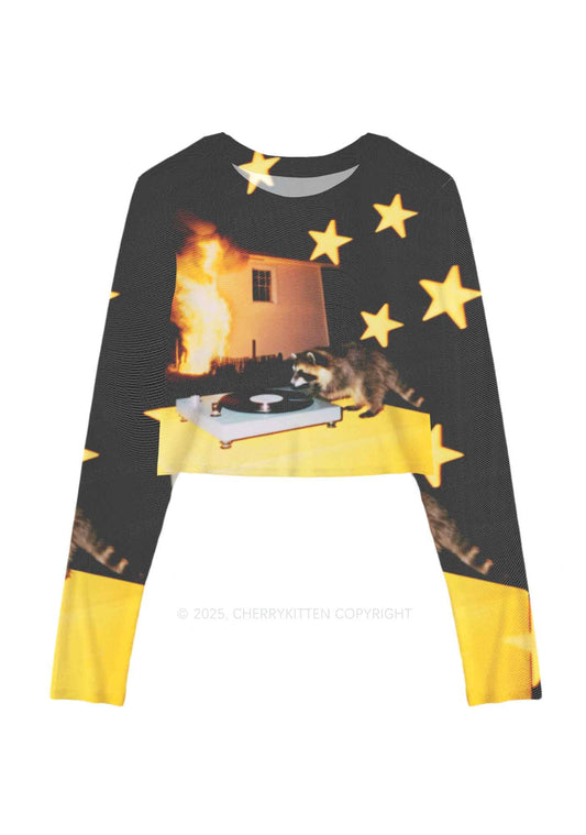 DJ Raccoon Y2K Mesh Long Sleeve Crop Top Cherrykitten