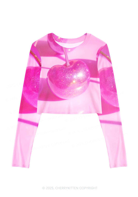 Glitter Pink Cherry Y2K Mesh Long Sleeve Crop Top Cherrykitten