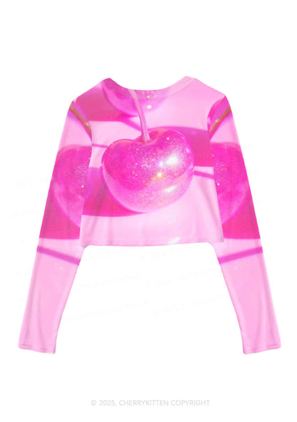 Glitter Pink Cherry Y2K Mesh Long Sleeve Crop Top Cherrykitten