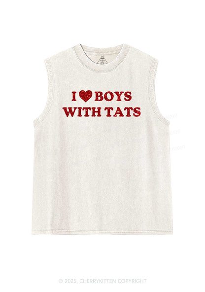 Glitter I Love Boys With Tats Y2K Washed Muscle Tank Cherrykitten