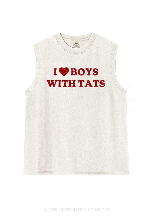 Glitter I Love Boys With Tats Y2K Washed Muscle Tank Cherrykitten