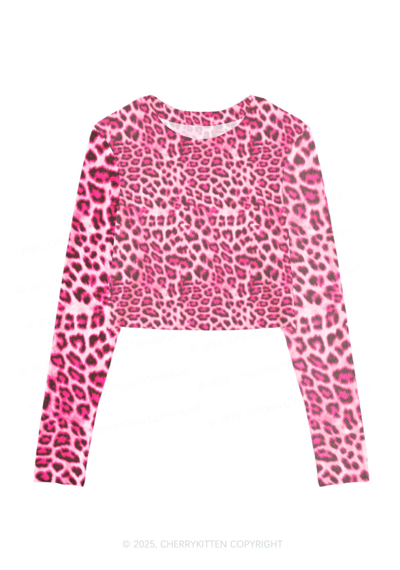 Pink Leopard Y2K Mesh Long Sleeve Crop Top Cherrykitten