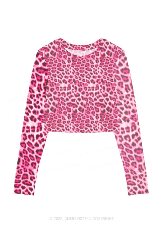 Pink Leopard Y2K Mesh Long Sleeve Crop Top Cherrykitten