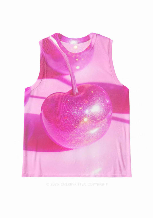 Glitter Pink Cherry Y2K Mesh Muscle Tank Cherrykitten