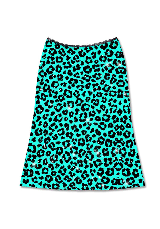 Turquoise Green Leopard Y2K Print Midi Skirt Cherrykitten