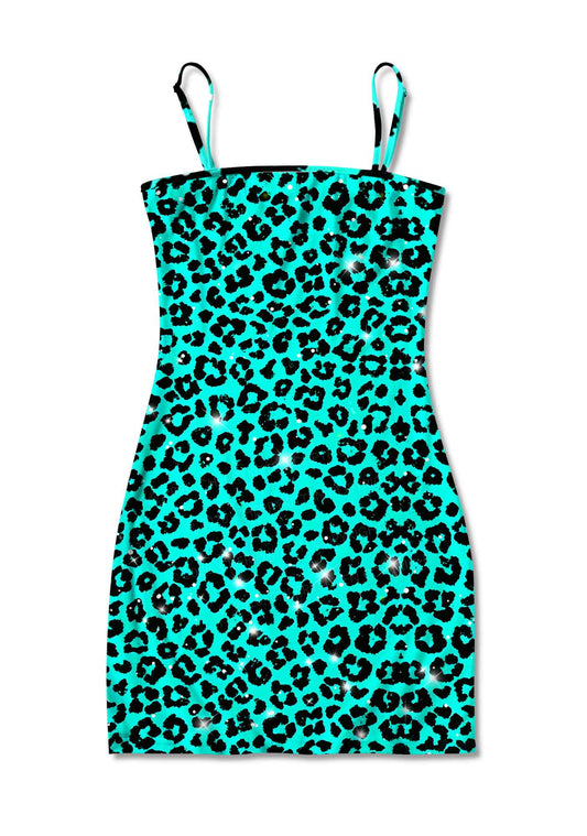 Turquoise Green Leopard Y2K Print Slip Dress Cherrykitten