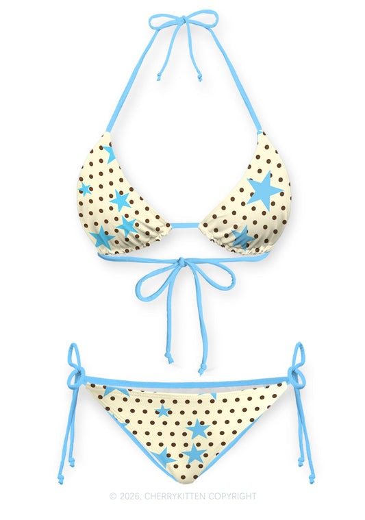 Brown Dots Blue Star Y2K Print Bikini Set Cherrykitten