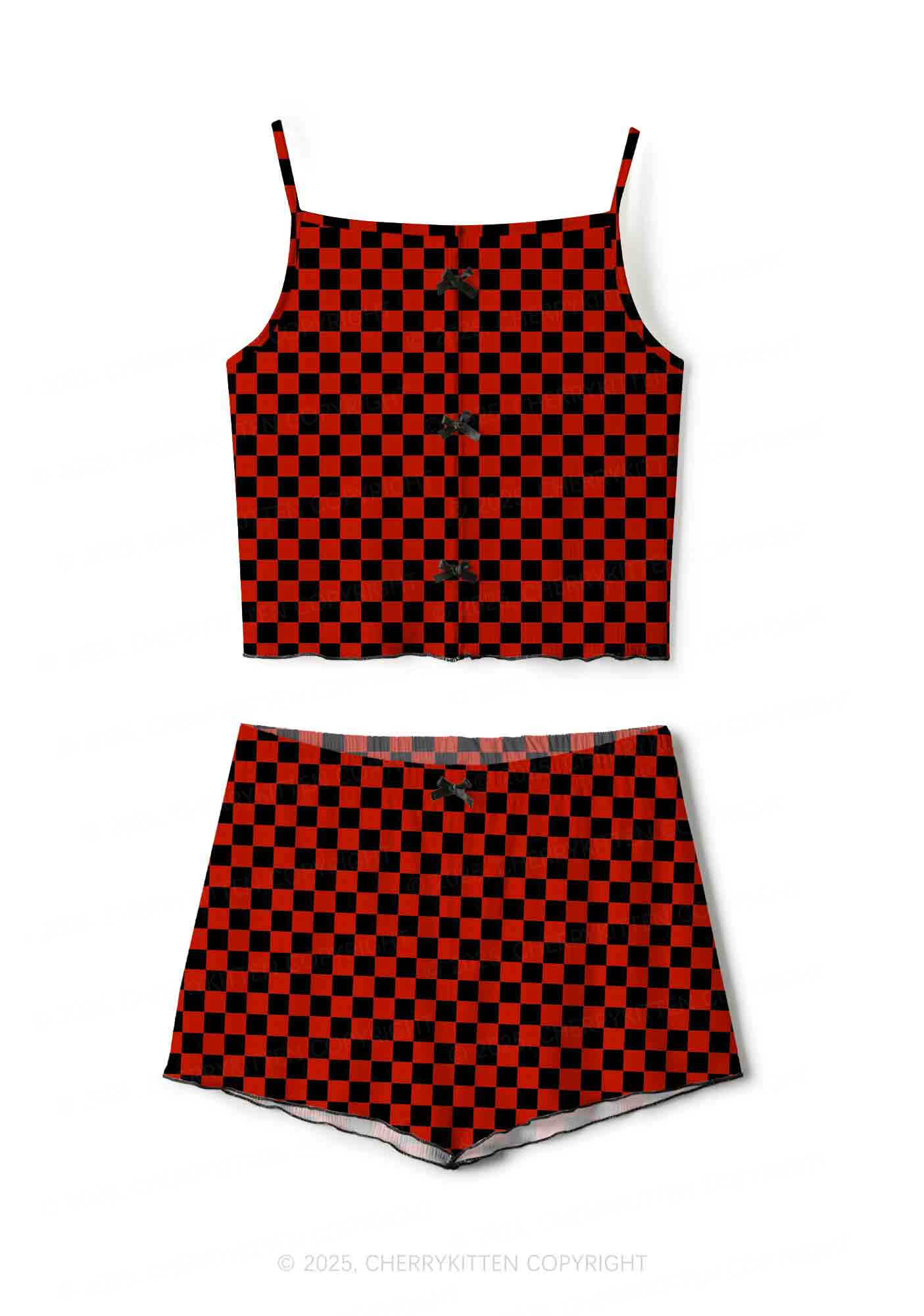 Black And Red Check Valentine's Day Y2K Print Cami Shorts Pajama Set Cherrykitten