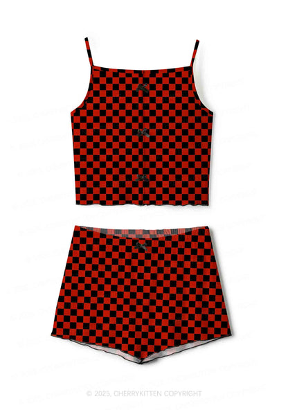 Black And Red Check Valentine's Day Y2K Print Cami Shorts Pajama Set Cherrykitten