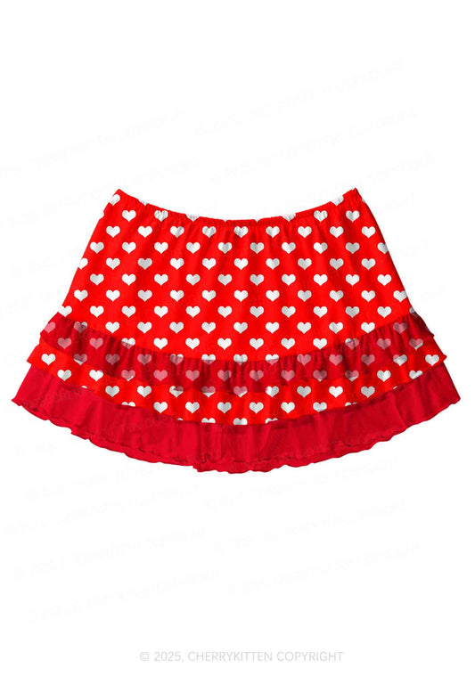 White Heart On Red Valentine's Day Y2K Print Mini Layered Skirt Cherrykitten